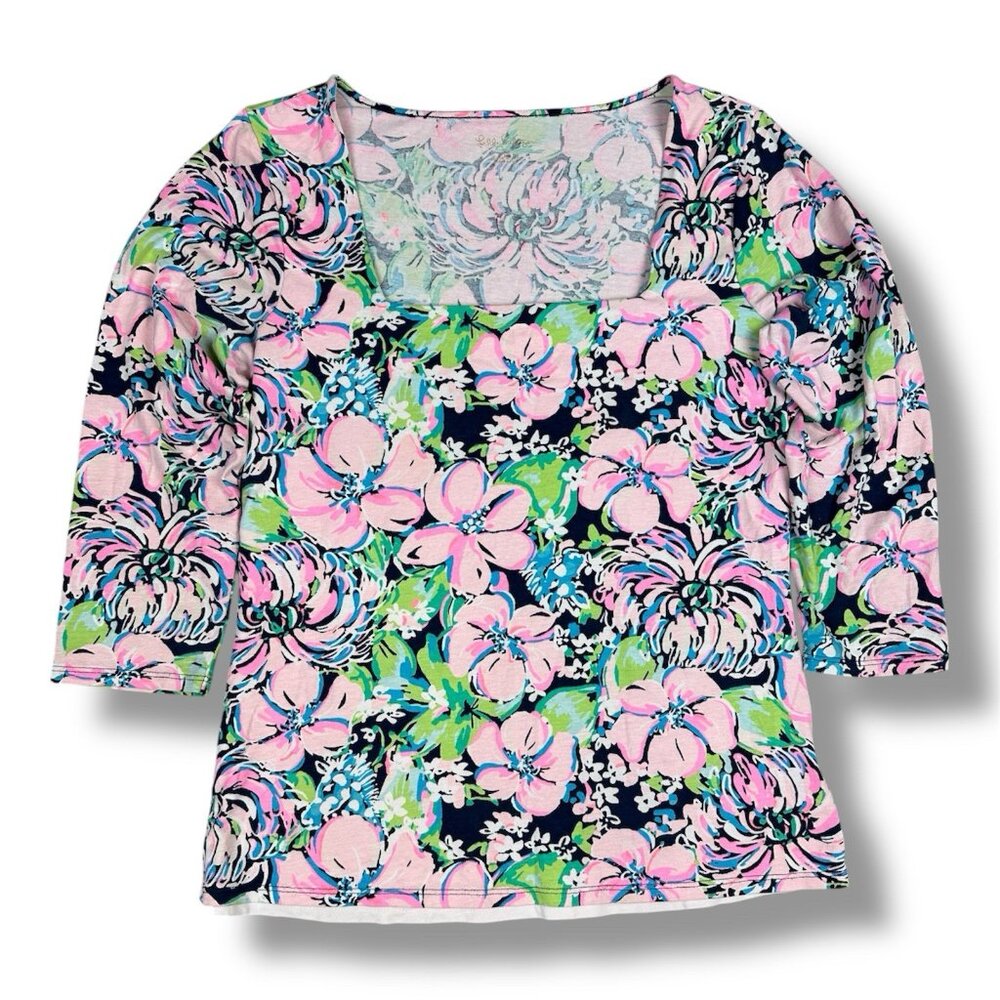 Lilly Pulitzer Nell Top Tall High Tide Square Neckline Pink Blue Floral Sz M